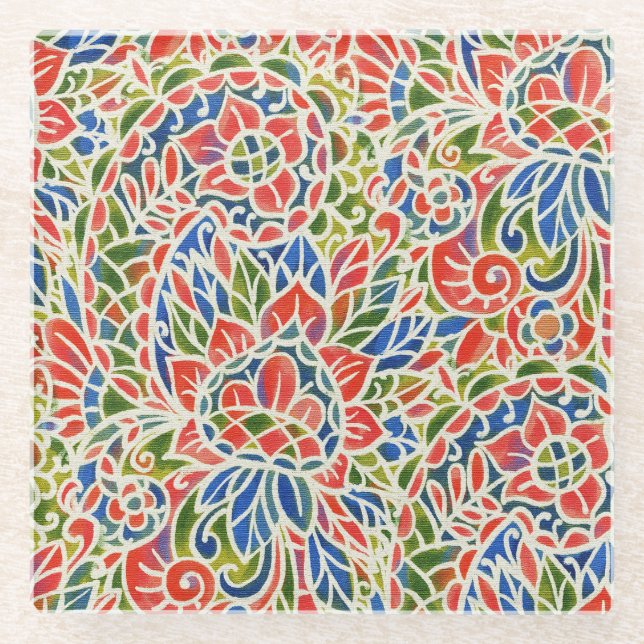 Multicolor Paisley Print Batik Pattern Glass Coaster (Front)