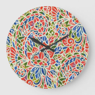 Multicolor Paisley Print Batik Pattern Large Clock