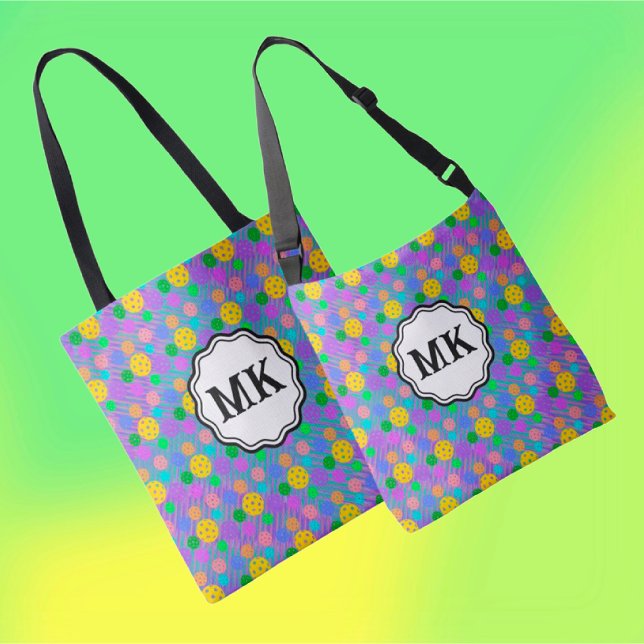 Multicolor Pickleballs Groovy Monogram   Crossbody Bag (Personalize these tote bags with name or monogram. 2 styles.)