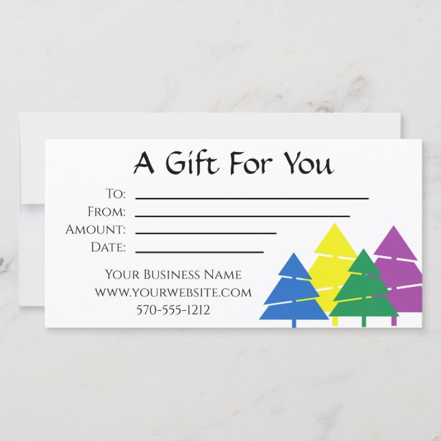 Multicolor pine trees holiday gift certificate thank you card (Front)