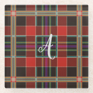 Multicolor Plaid (Tartan) Monogram, Name Custom Glass Coaster