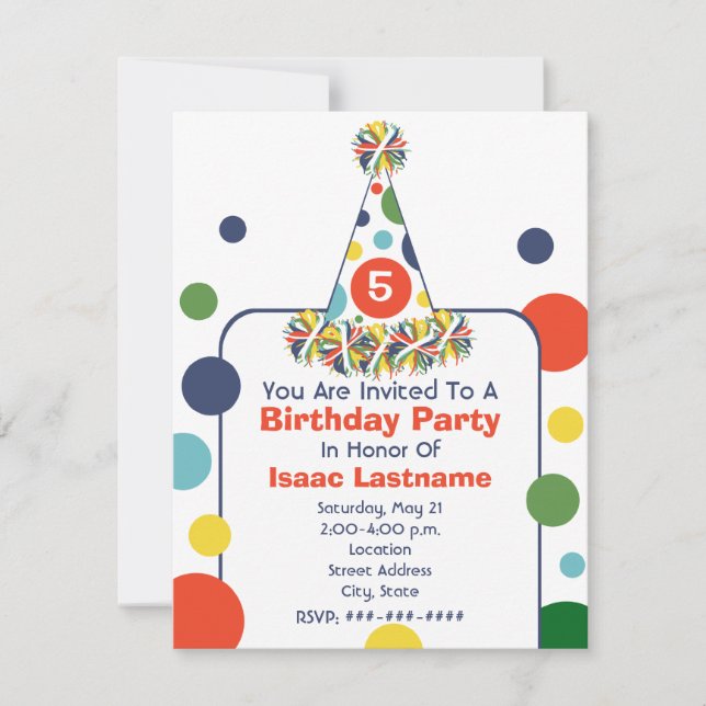 Multicolor Polka Dot Birthday Party Hat Invite (Front)