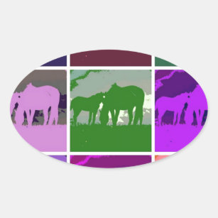 Multicolor Pop Art Horses Oval Sticker