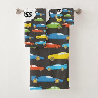 Multicolor Race Cars on Black Personalised Bath Towel Set