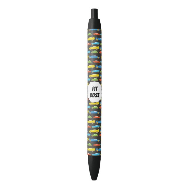 Multicolor Race Cars on Black Personalised Black Ink Pen (Front Vertical)