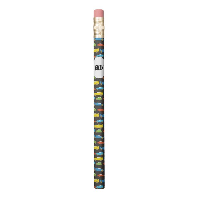 Multicolor Race Cars on Black Personalised Pencil (Vertical)