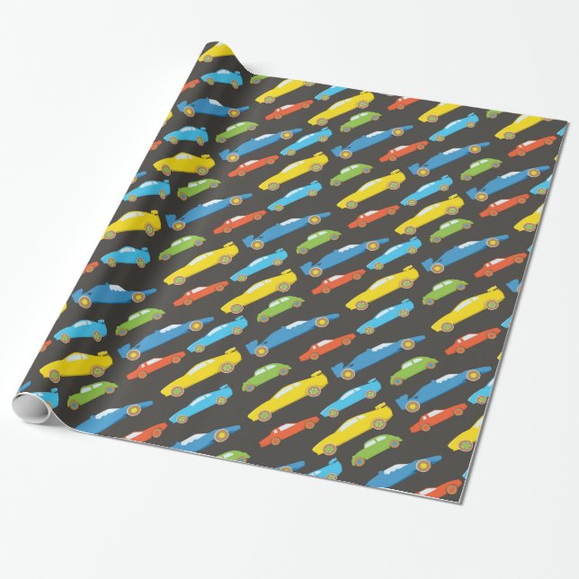 Multicolor Race Cars on Black Wrapping Paper (Unrolled)