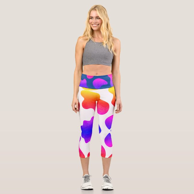 Multicolor rainbow design animal style spot capri leggings (Front)