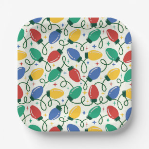 Multicolor Retro Christmas Lights Abstract Pattern Paper Plate