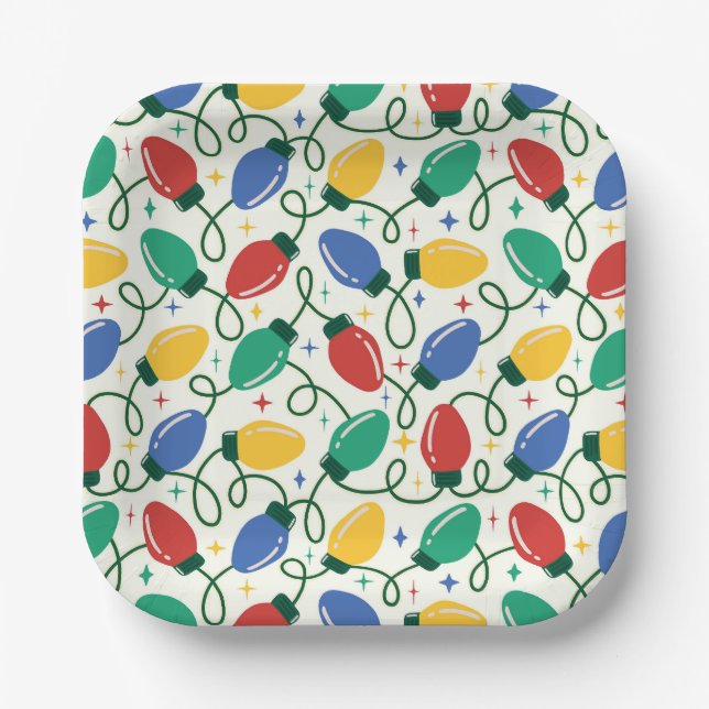 Multicolor Retro Christmas Lights Abstract Pattern Paper Plate (Front)
