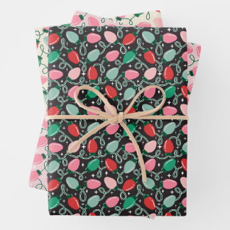Multicolor Retro Christmas Lights Pink & Green Wrapping Paper Sheet
