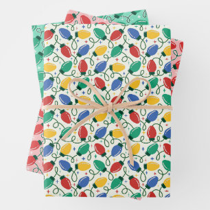 Multicolor Retro Christmas Lights, Red & Green Wrapping Paper Sheet