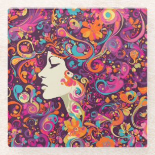 Multicolor Retro Hippie Boho style Glass Coaster