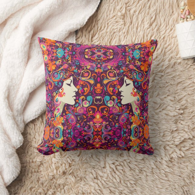 Multicolor Retro Hippie Boho style Throw Pillow  (Blanket)