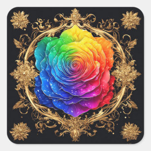 Multicolor Rose with Ornate Golden Flourishes Square Sticker