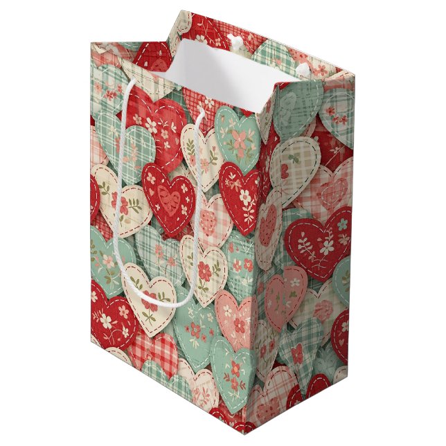 Multicolor Rustic Heart Quilt Block Medium Gift Bag (Front Angled)