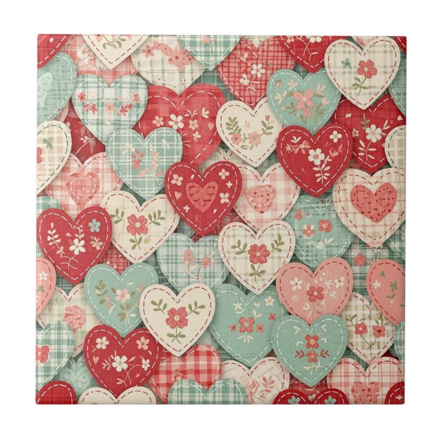 Multicolor Rustic Heart Quilt Block Tile (Front)