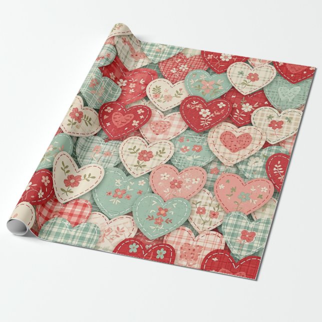 Multicolor Rustic Heart Quilt Block Wrapping Paper (Unrolled)
