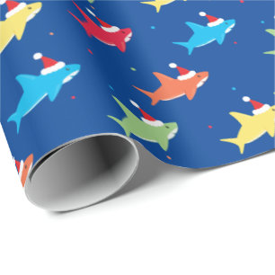 Multicolor Sharks Santa Hat Dots Pattern Christmas Wrapping Paper