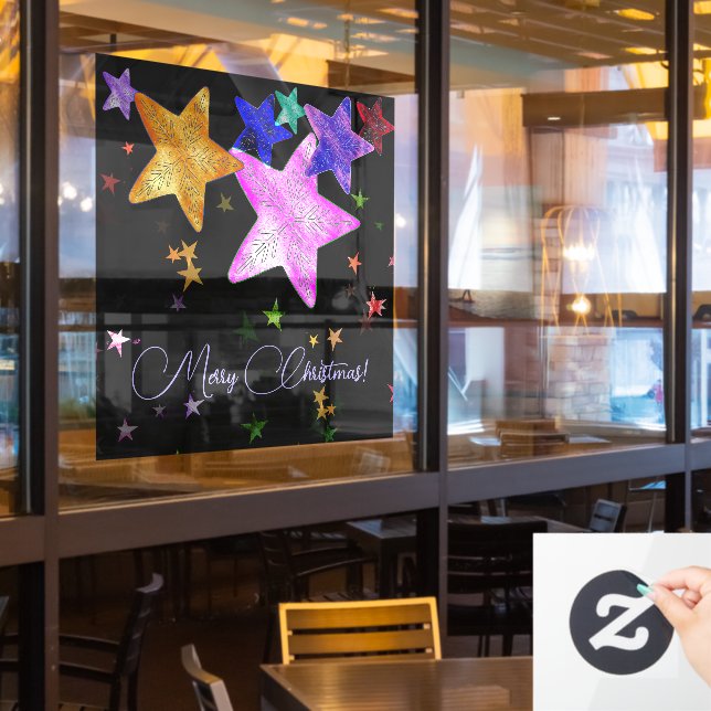 Multicolor shining stars- Merry Christmas! Window Cling (Restaurant Window)