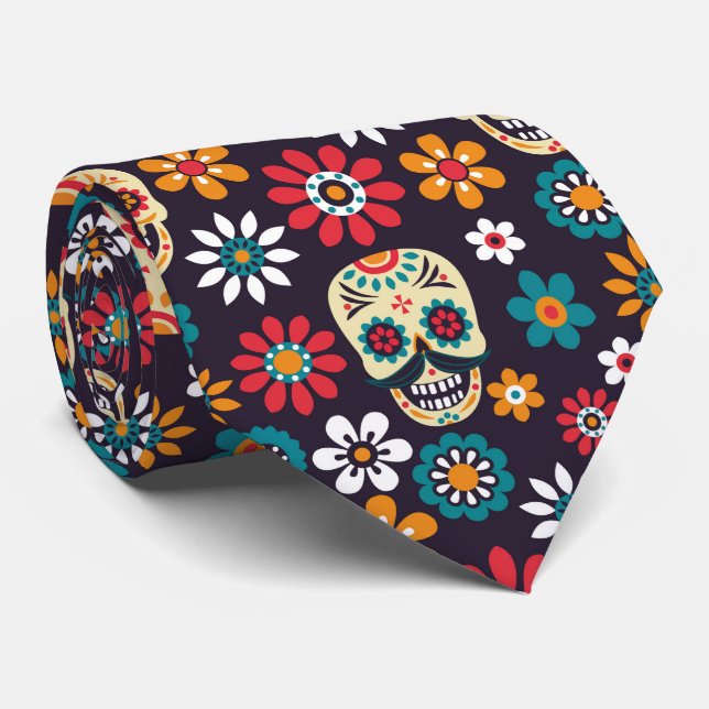 multicolor skull floral pattern tie (Rolled)