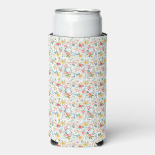 Multicolor spring floral pattern white background seltzer can cooler
