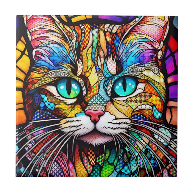 Multicolor Stained Glass Cat 710 Tile (Front)