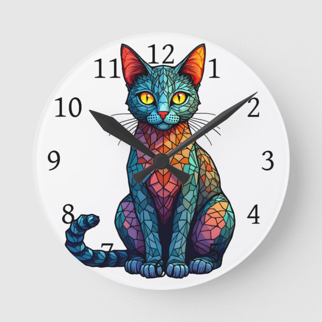 Multicolor Stained Glass Cat 784 Round Clock (Front)