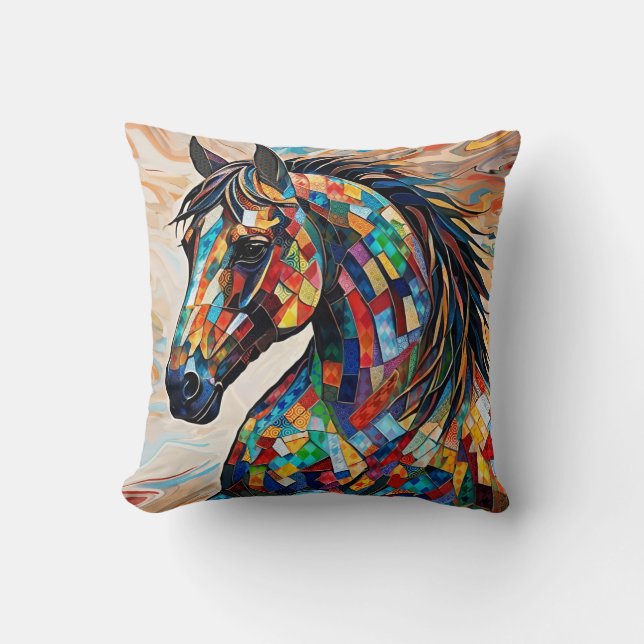 Multicolor Stained Glass Mosaic Horse 15 Cushion (Front)