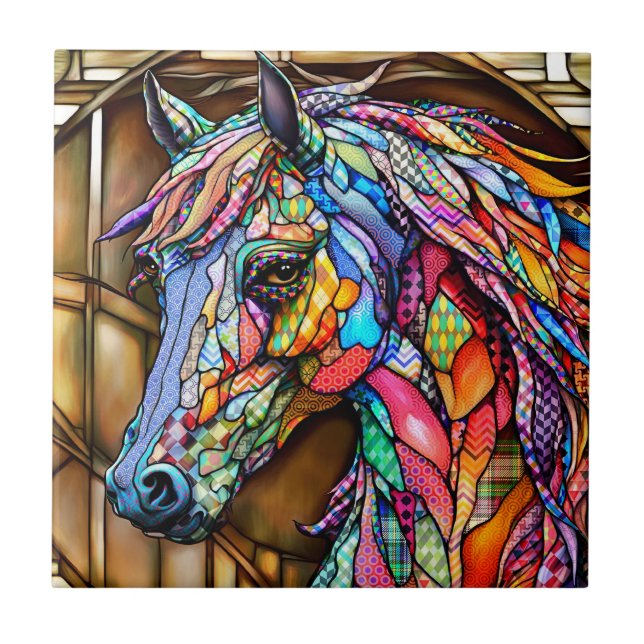 Multicolor Stained Glass Mosaic Style Horse 14 Tile (Front)