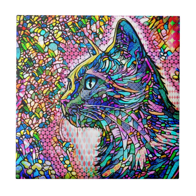Multicolor Stained Glass Style Cat 706 Tile (Front)