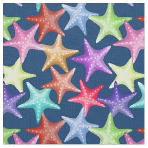 Multicolor Starfish Nautical Summer Beach on Blue Fabric