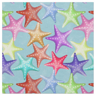 Multicolor Starfish Nautical Summer Beach on Blue Fabric