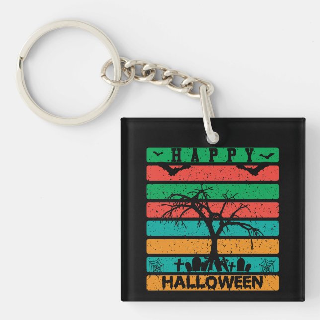 Multicolor Stripe Cemetery with Bats and Tree Key Ring (Front)