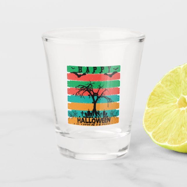 Multicolor Stripe Cemetery with Bats and Tree  Shot Glass (Front)