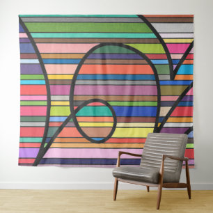 Multicolor Striped Abstract Flowing Black Curves Tapestry