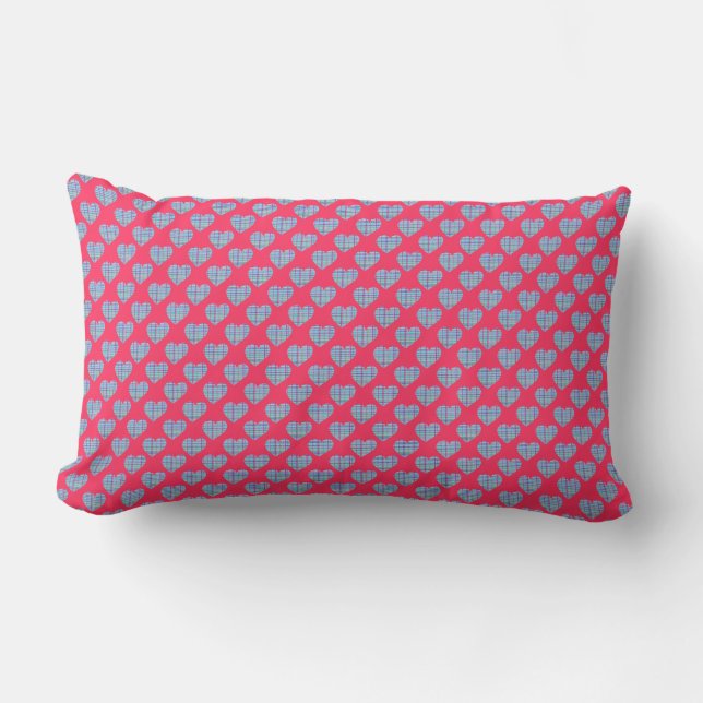 Multicolor striped blue hearts on bright pink lumbar cushion (Front)