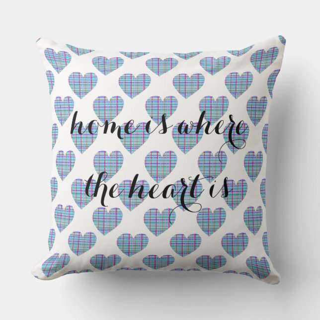 Multicolor striped blue hearts on white cushion (Front)