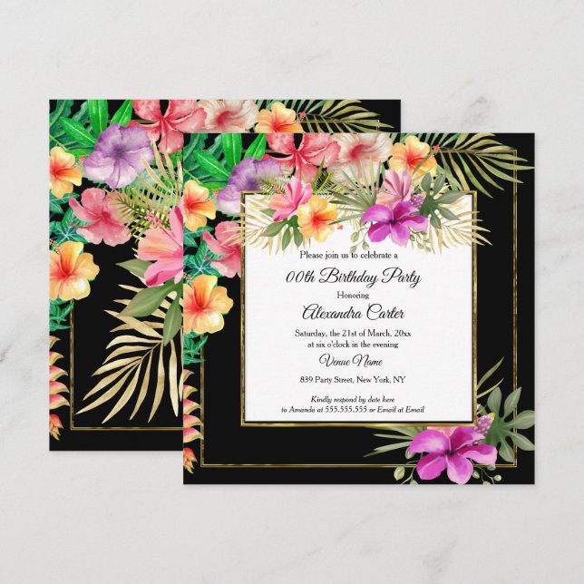 Multicolor Tropical Black Hibiscus Floral Party SQ Invitation (Front/Back)