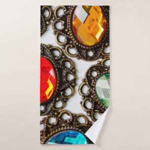 Multicolor vintage brooches on white backgroundbro bath towel