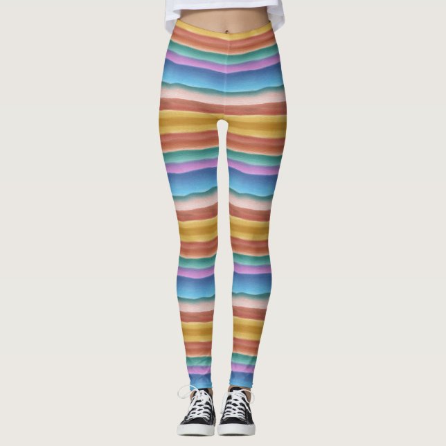 Multicolor Watercolor Stripes Pattern   Leggings (Front)