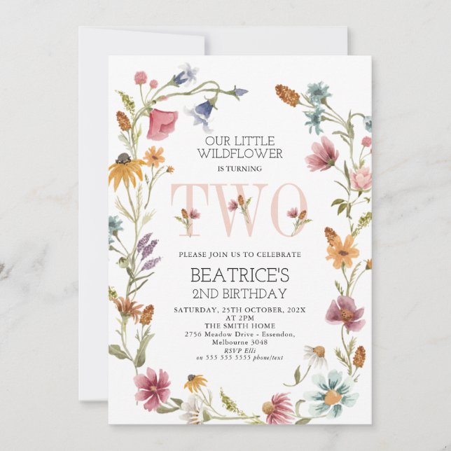 Multicolor Wildflower Wreath Girls 2nd Birthday Invitation (Front)