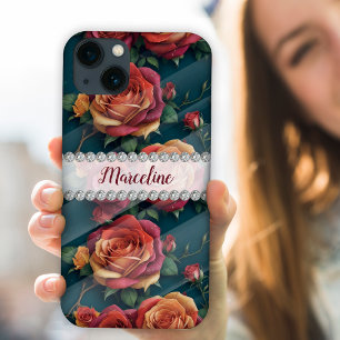 Multicolored 3D roses, diamond frame custom iPhone 13 Case
