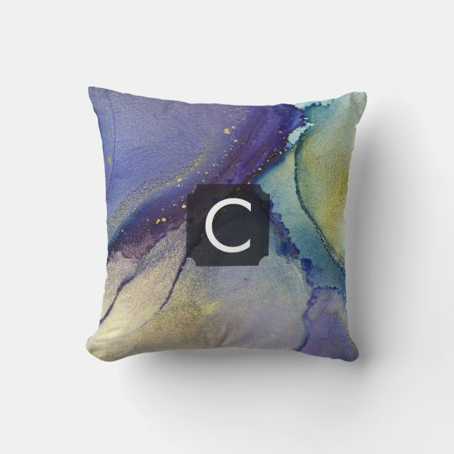 Multicolored Abstract Liquid Art & Gold, Monogram Cushion (Front)