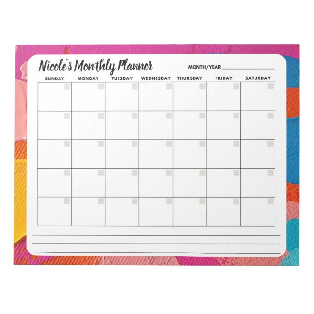 Multicolored Abstract Monthly Calendar Notepad  (Front)