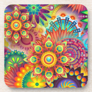 Multicolored Art Deco Flower Shapes Pattern Coaster