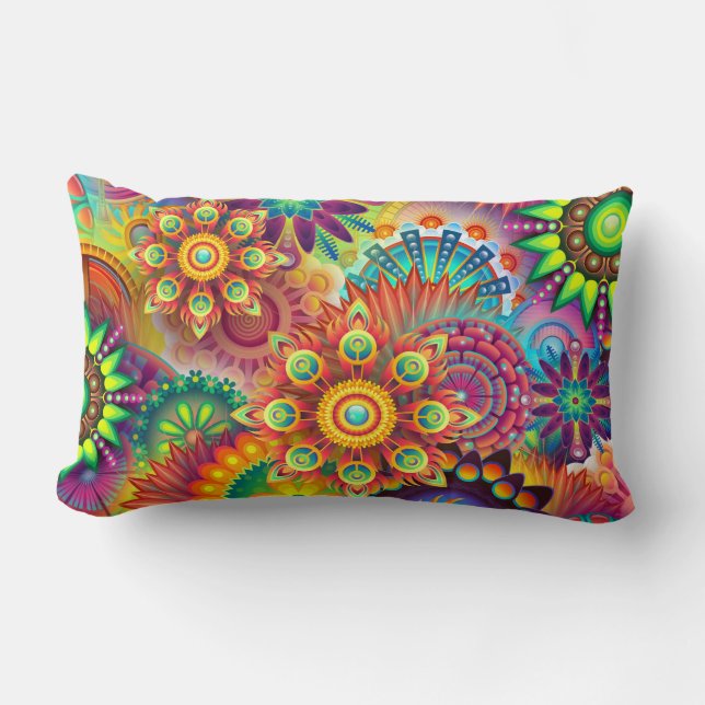 Multicolored Art Deco Flower Shapes Pattern Lumbar Cushion (Front)