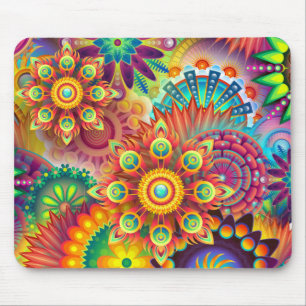 Multicolored Art Deco Flower Shapes Pattern Mouse Mat