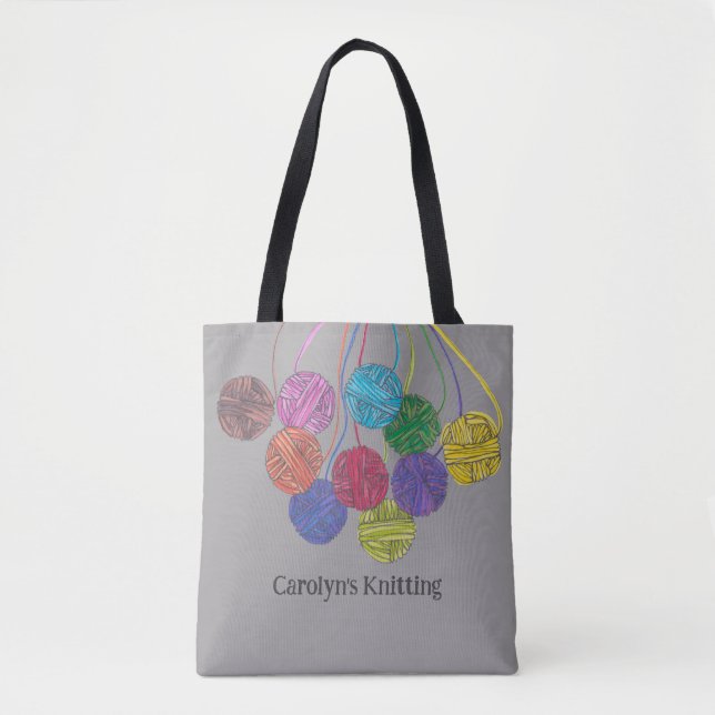 Multicolored balls of yarn, knitting, personalised tote bag (Front)