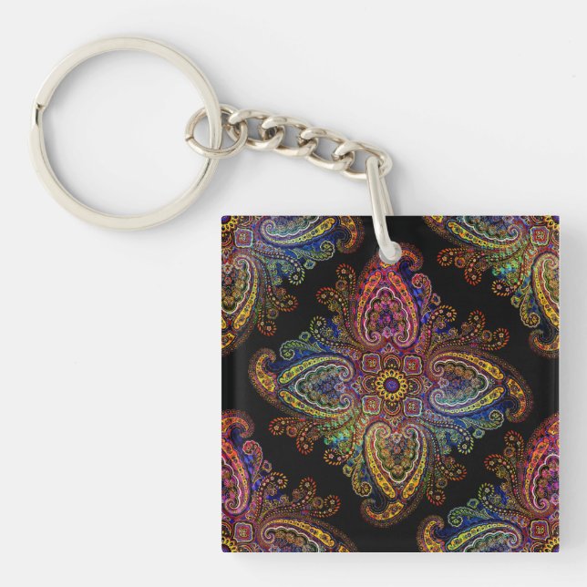 Multicolored Beautiful Paisley on Black Key Ring (Front)